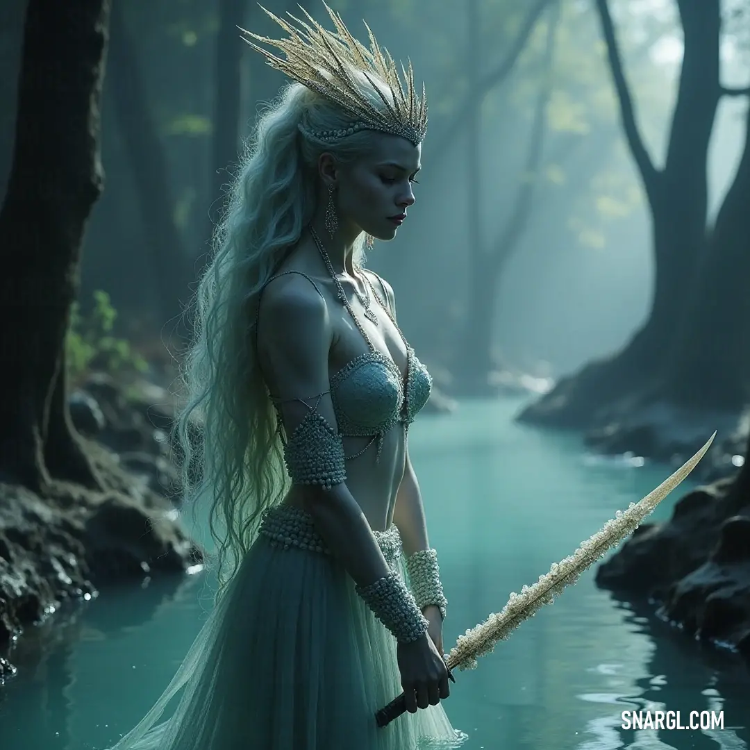 An assertive figure in a flowing green dress holds a sword with pride, perfectly poised amidst a tranquil river and the lush green embrace of nature. A dynamic figure clad in a green dress wields a sword confidently, standing in a serene river, flanked by lush trees that create a picturesque natural backdrop.