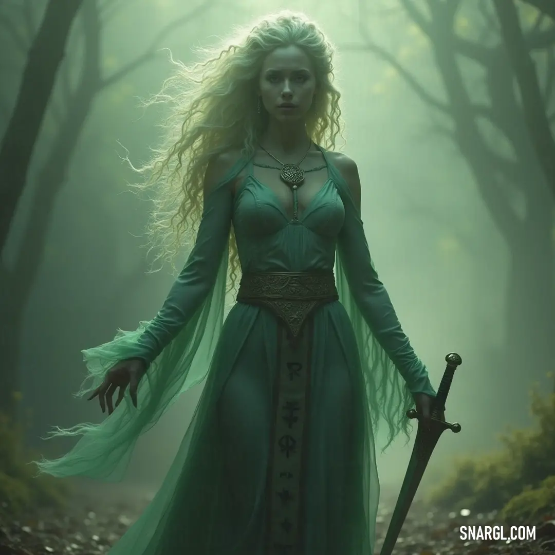 Amidst the ethereal fog of a secluded forest, a striking figure in a green dress clutches a gleaming sword, with mysterious trees looming behind and a carpet of leaves brushing against her feet.