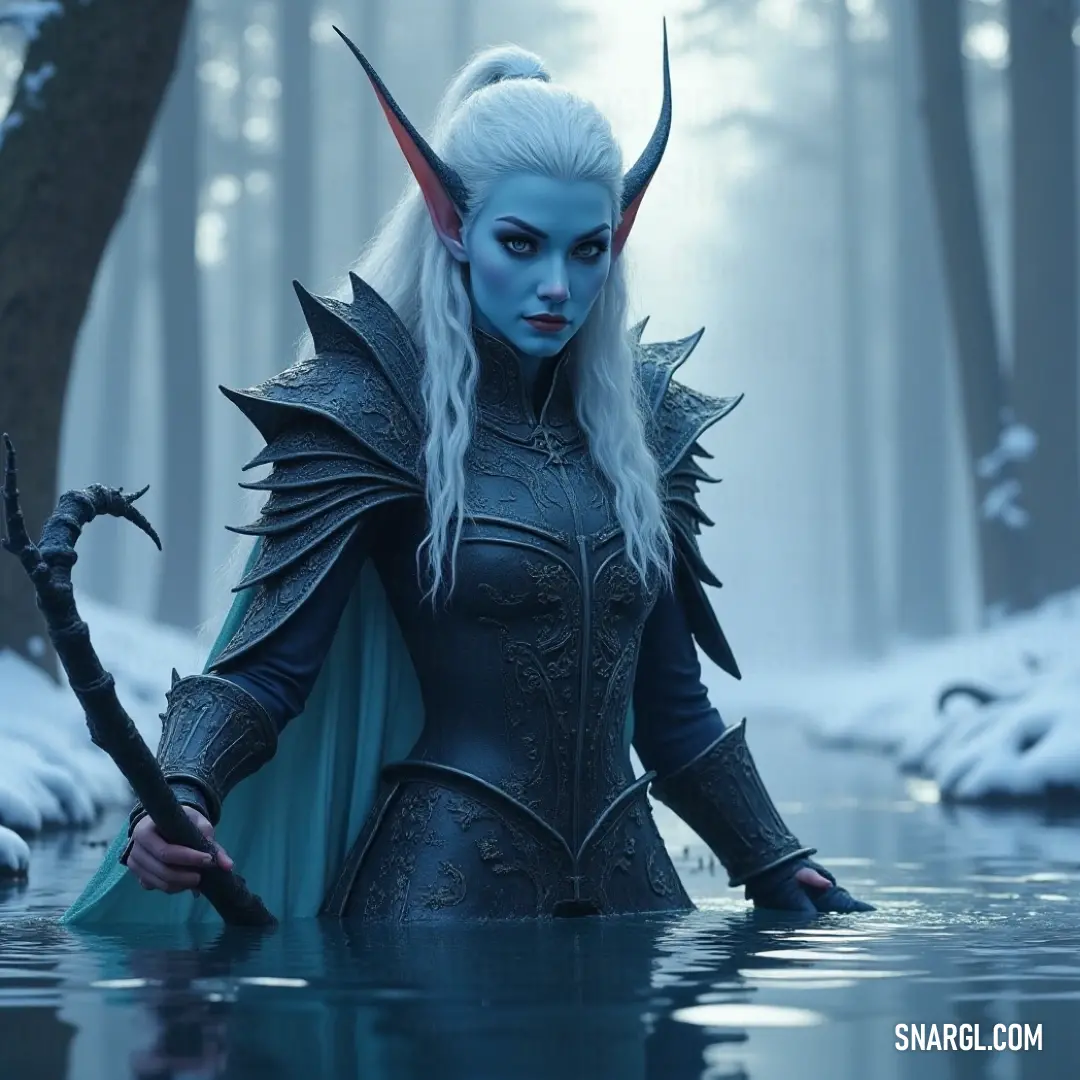 An enchanting figure dressed in intricate attire stands amidst shimmering waters, her horned head a captivating focal point of nature's serene beauty. A mythical character with majestic horns emerges gracefully from a tranquil body of water, dressed in an elaborate costume. Her presence resonates with an ethereal beauty that captivates all who behold her.