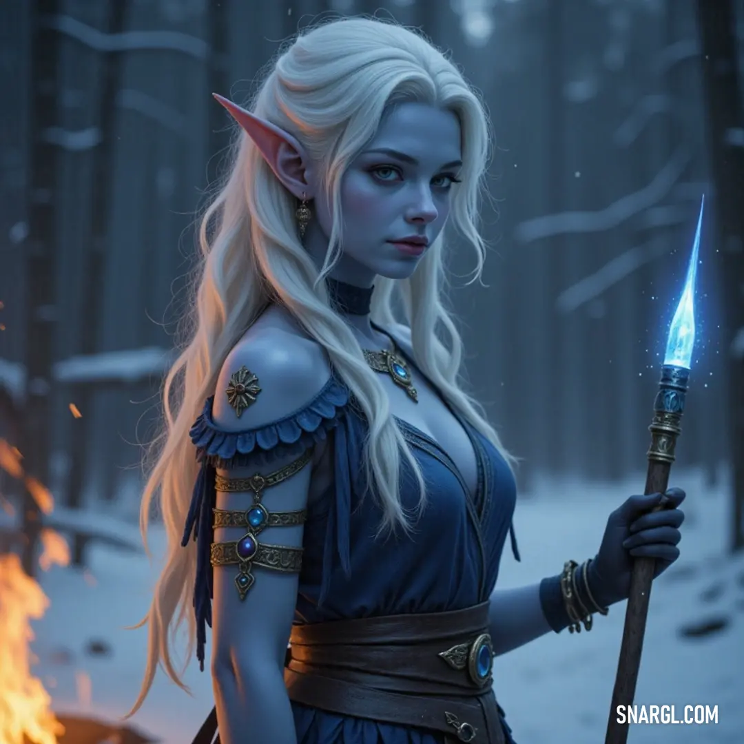 A resolute warrior stands in a snowy landscape, with flames blazing behind her, symbolizing strength and resilience amid the fierce contrast of winter. A fierce warrior adorned in elaborate attire stands strong amidst a snowy forest, flames flickering behind her. The contrast of icy surroundings and fiery backdrop depicts a constant battle against the elements.