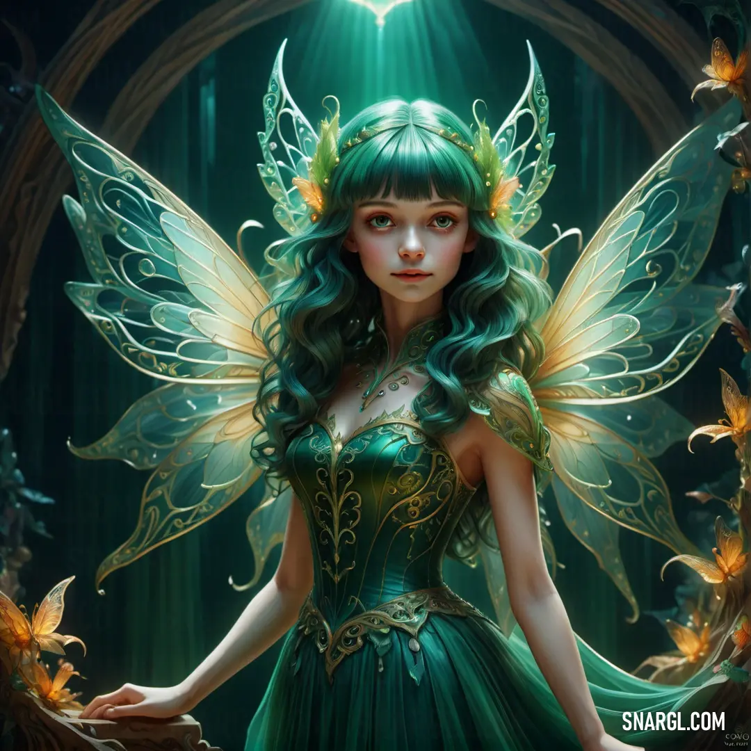 Beautiful green fairy with a heart shaped halo in her hands and wings