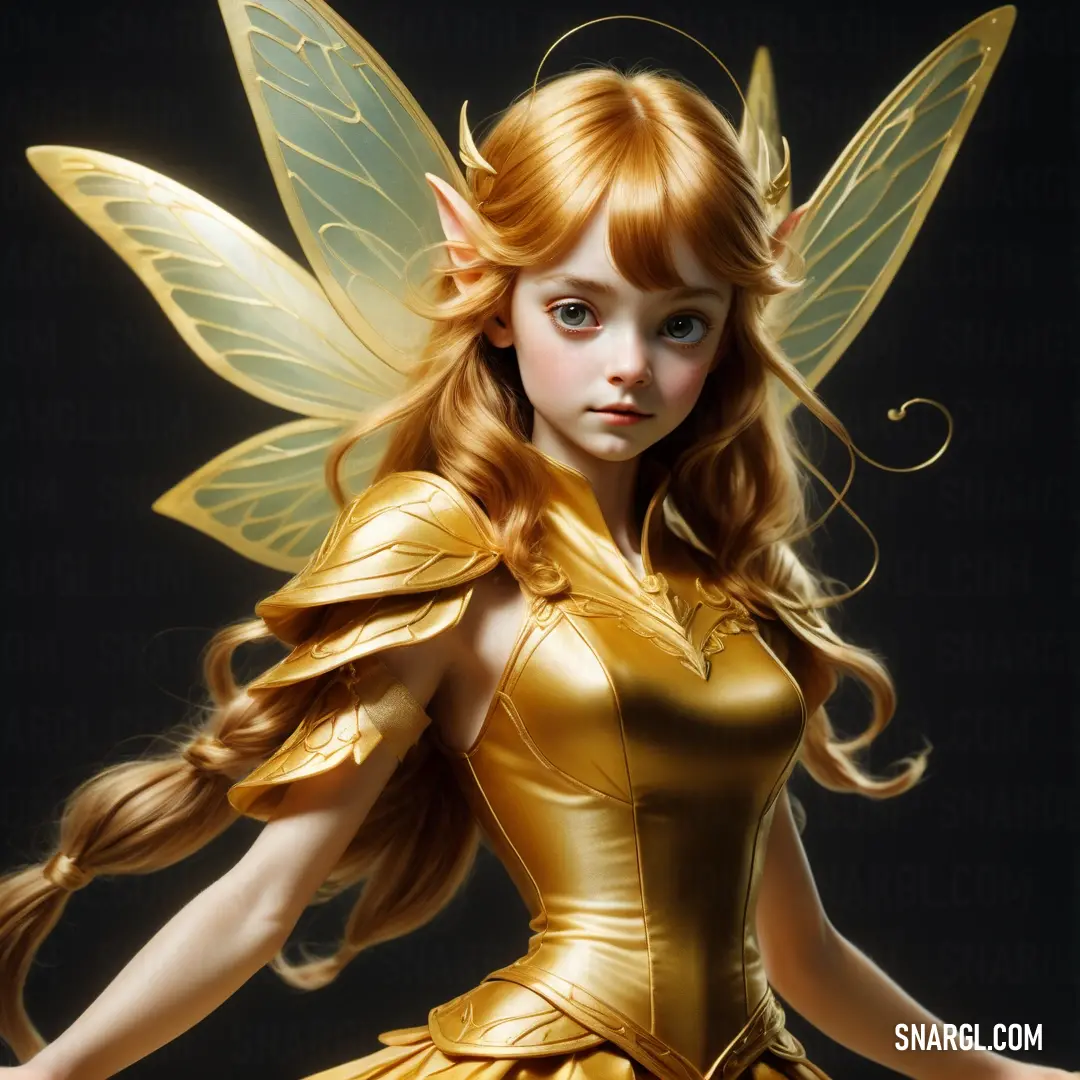 Beautiful young lady dressed in a gold fairy costume with long hair and a butterfly wings on her head