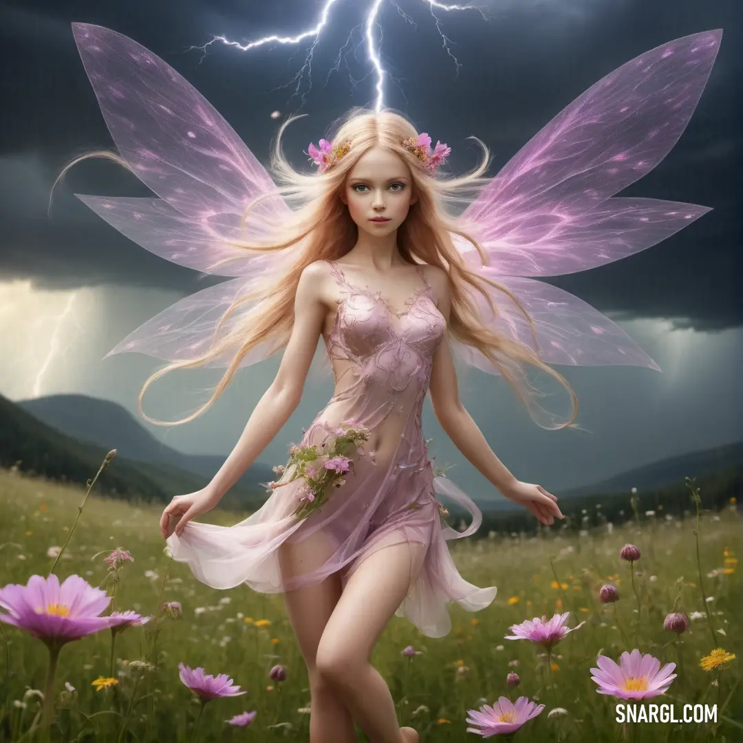 Fairy with a flower in her hand and a lightning bolt in the background