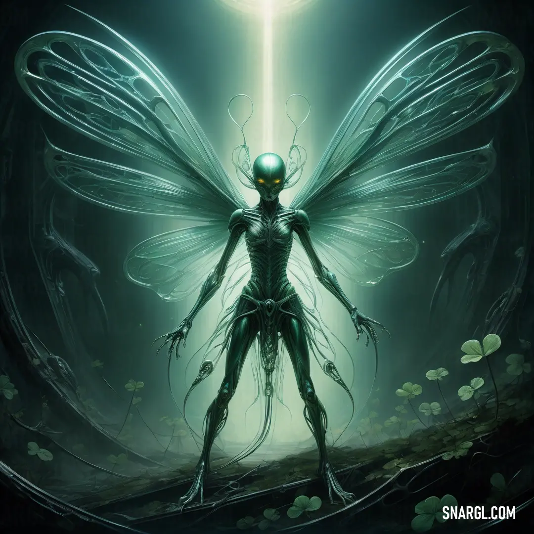 Green Sylph standing in a dark forest with a light shining on it's face and wings