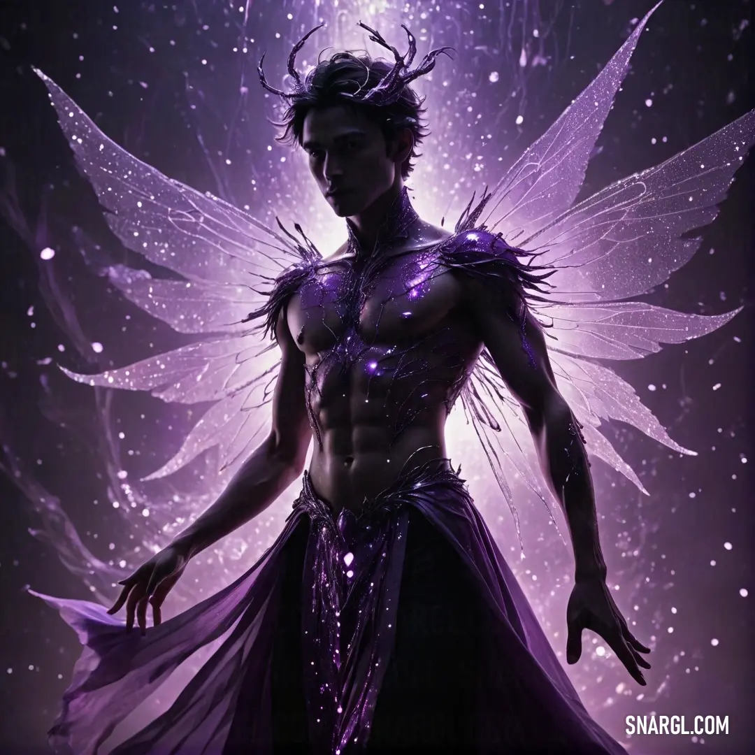 Sylph dressed in a purple fairy costume with wings and a purple dress with a purple light shining on his chest