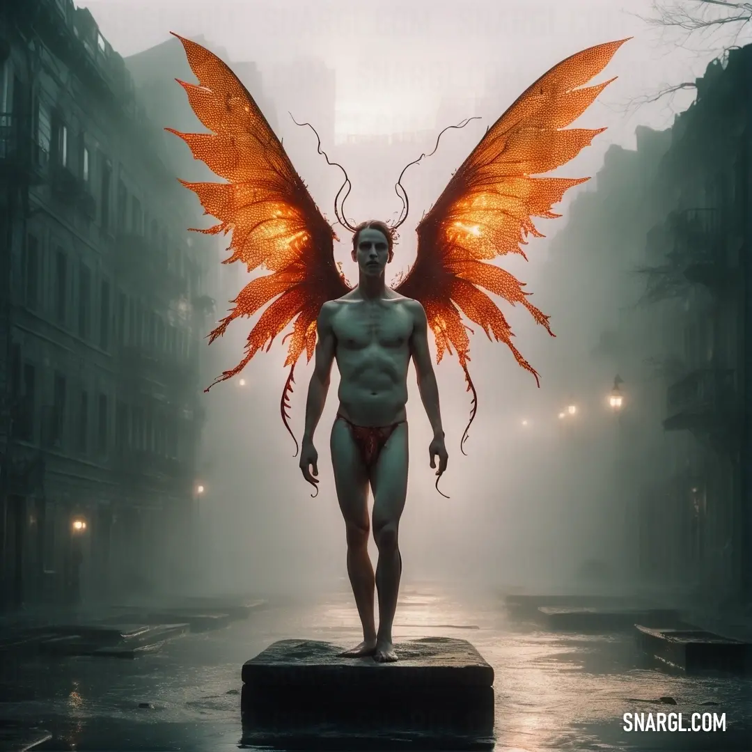 Sylph with wings standing on a platform in the middle of a street with buildings in the background