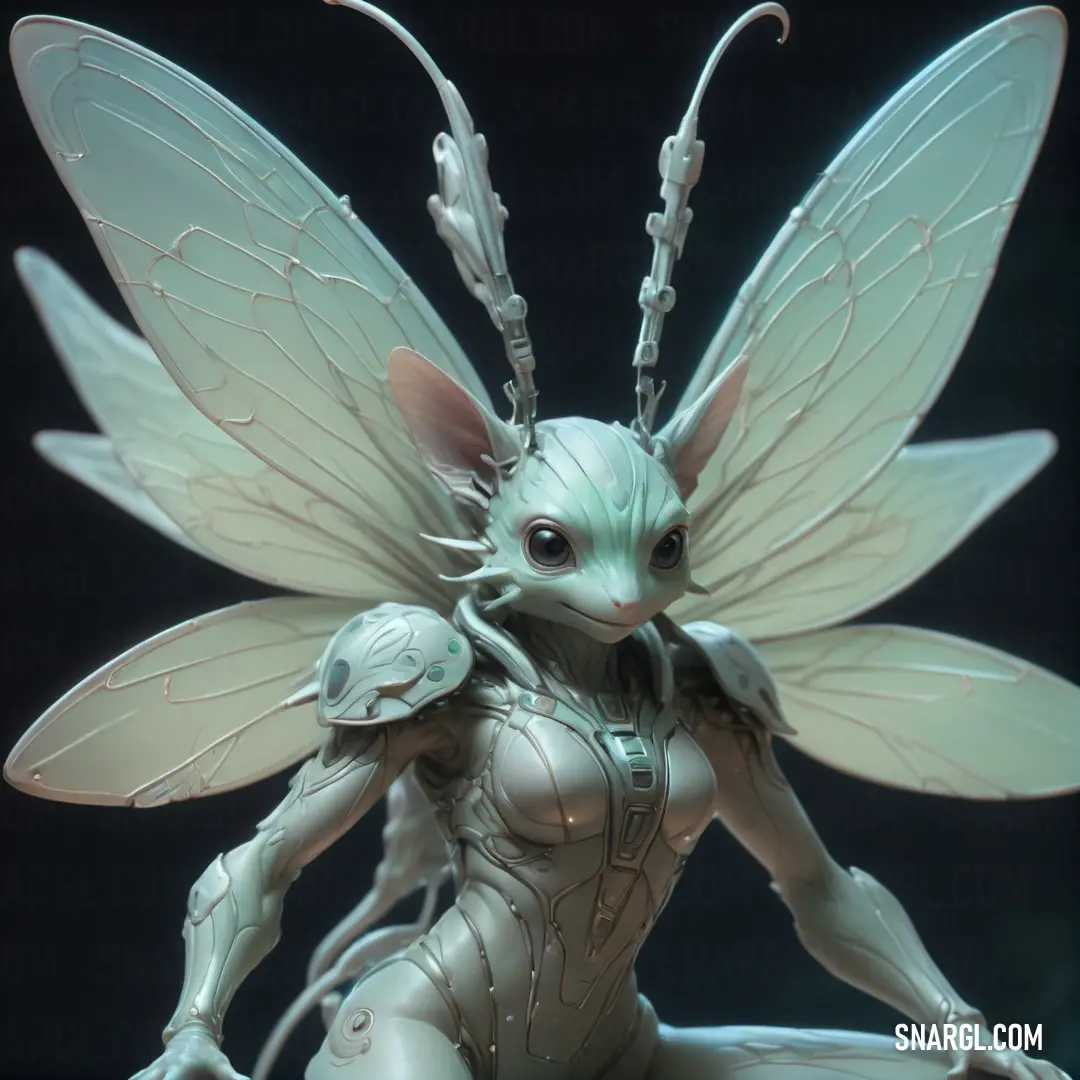 Statue of a fairy with wings and a body of white paint on it's body