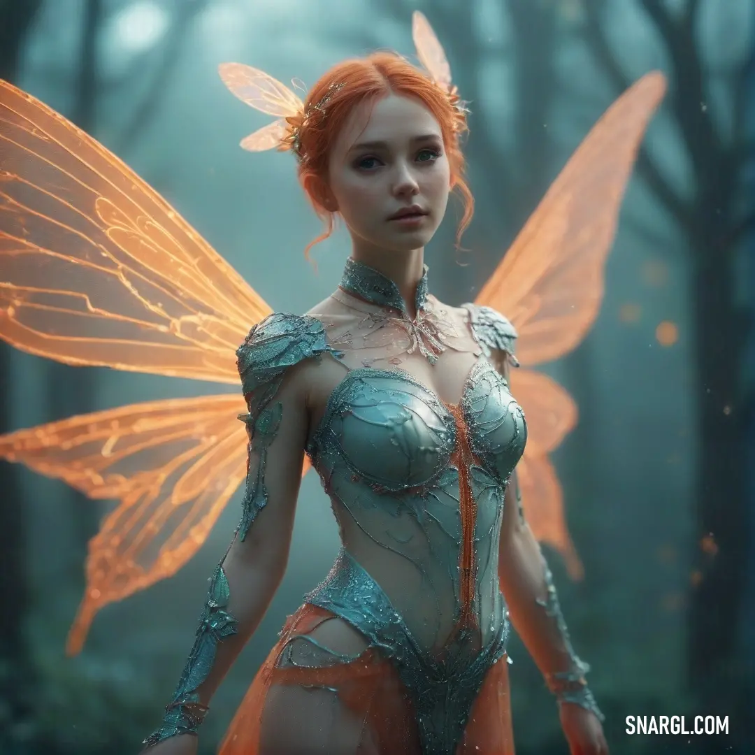 Sylph dressed in a fairy costume in a forest with a butterfly wings on her head and a body of water