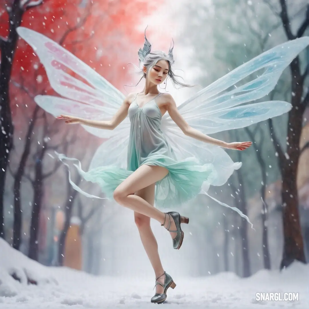 Sylph dressed in a fairy costume is dancing in the snow with her wings spread out