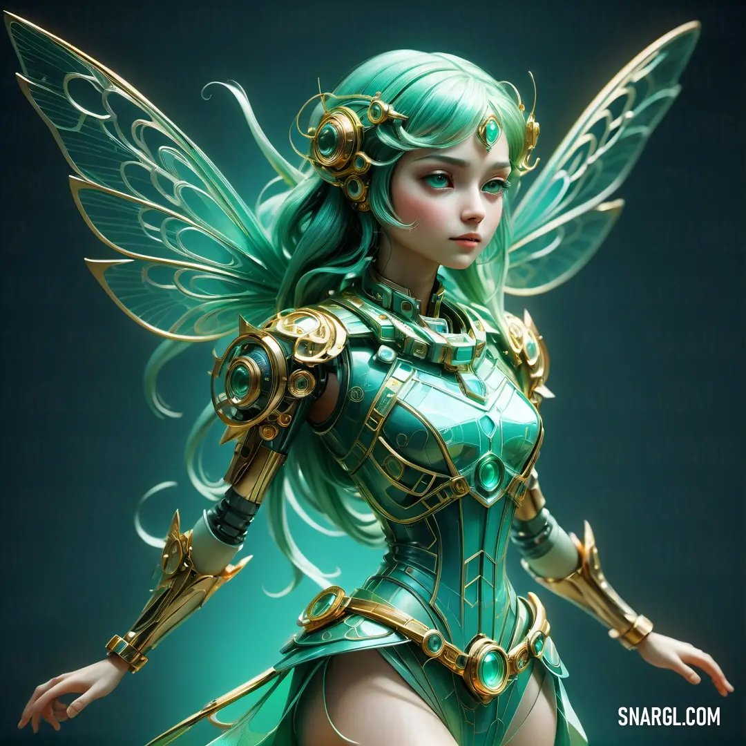 Sylph dressed in a green costume with gold accents and wings