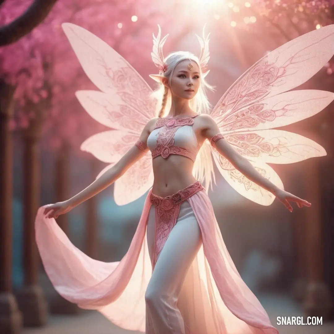 Sylph dressed in a pink fairy costume with wings and a pink dress