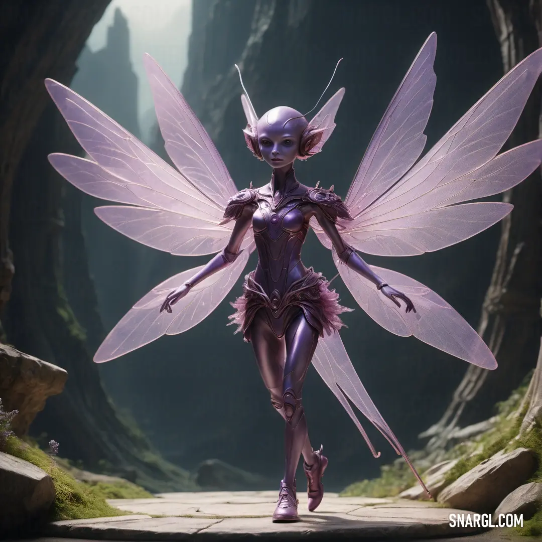 Sylph dressed in a purple fairy costume walking down a path in a cave with a giant purple butterfly on her back