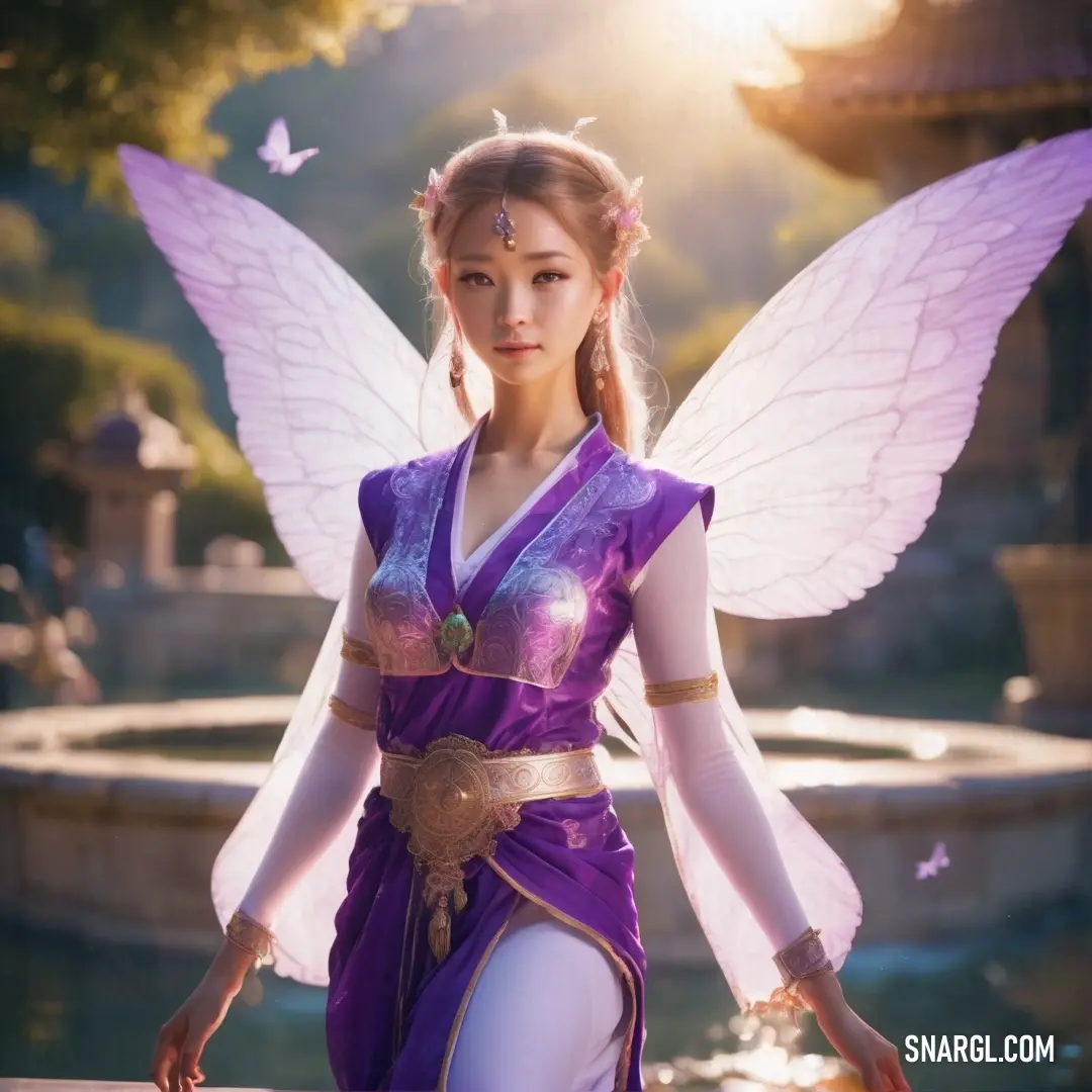 Sylph dressed in a purple fairy costume with a butterfly wings on her head and a purple dress with a gold belt