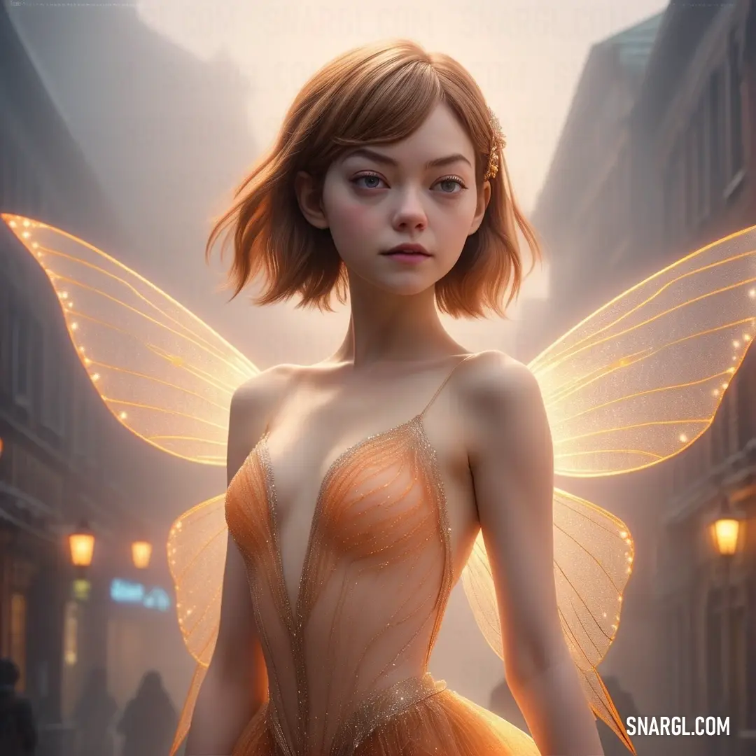 Sylph in a dress with a butterfly wings on her back and a city street in the background