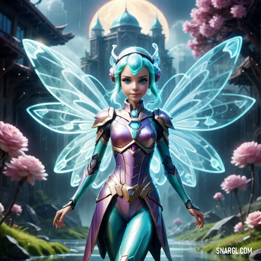 Sylph in a fairy costume standing in front of a river with pink flowers and a castle in the background
