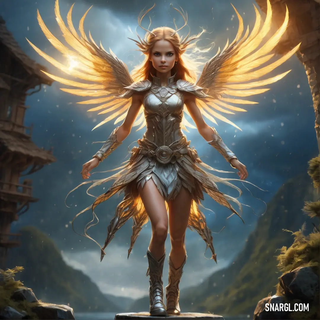 Sylph with wings standing on a rock in front of a mountain range with a sky background