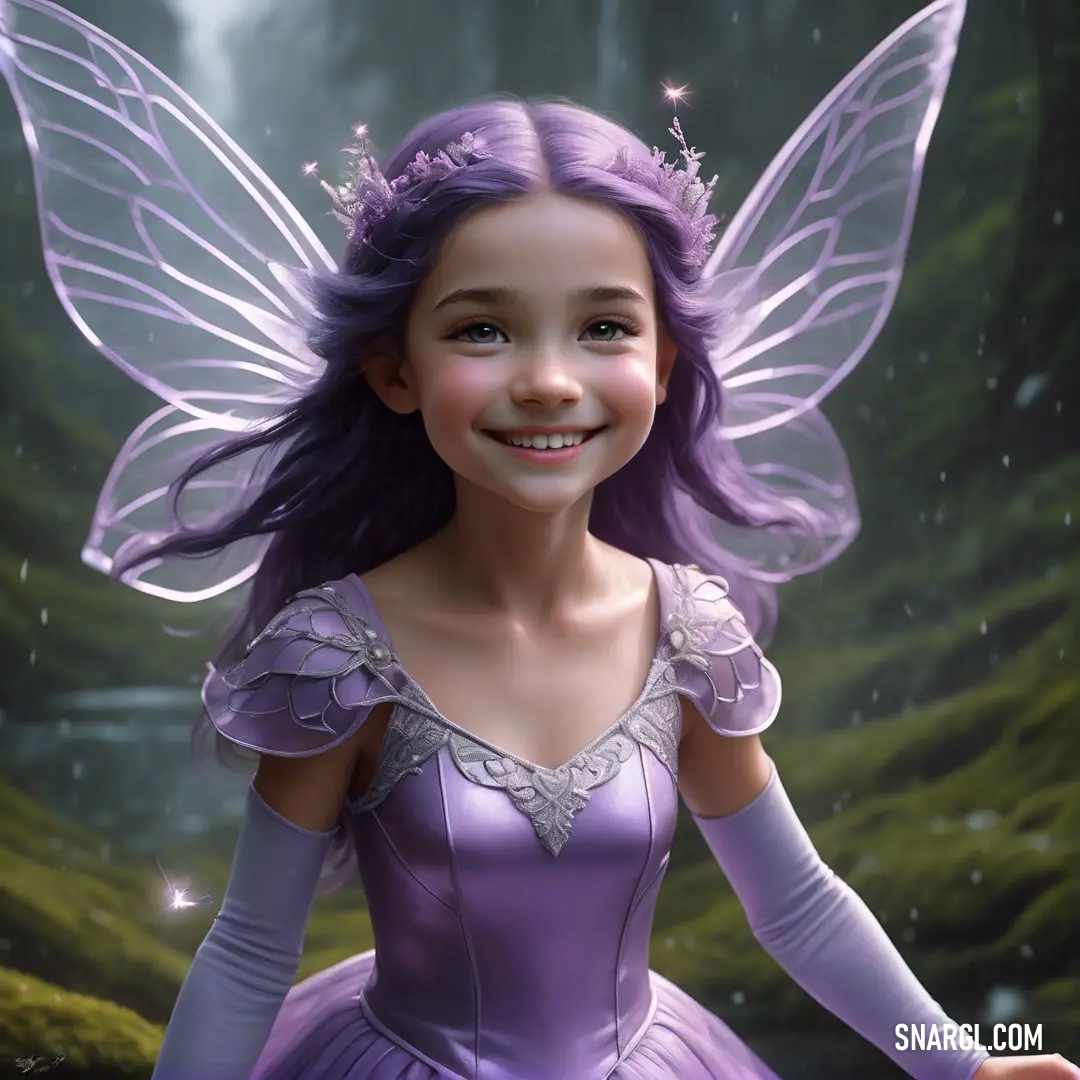 Young girl dressed in a purple fairy costume with a fairy wings and a tiara smiles at the camera