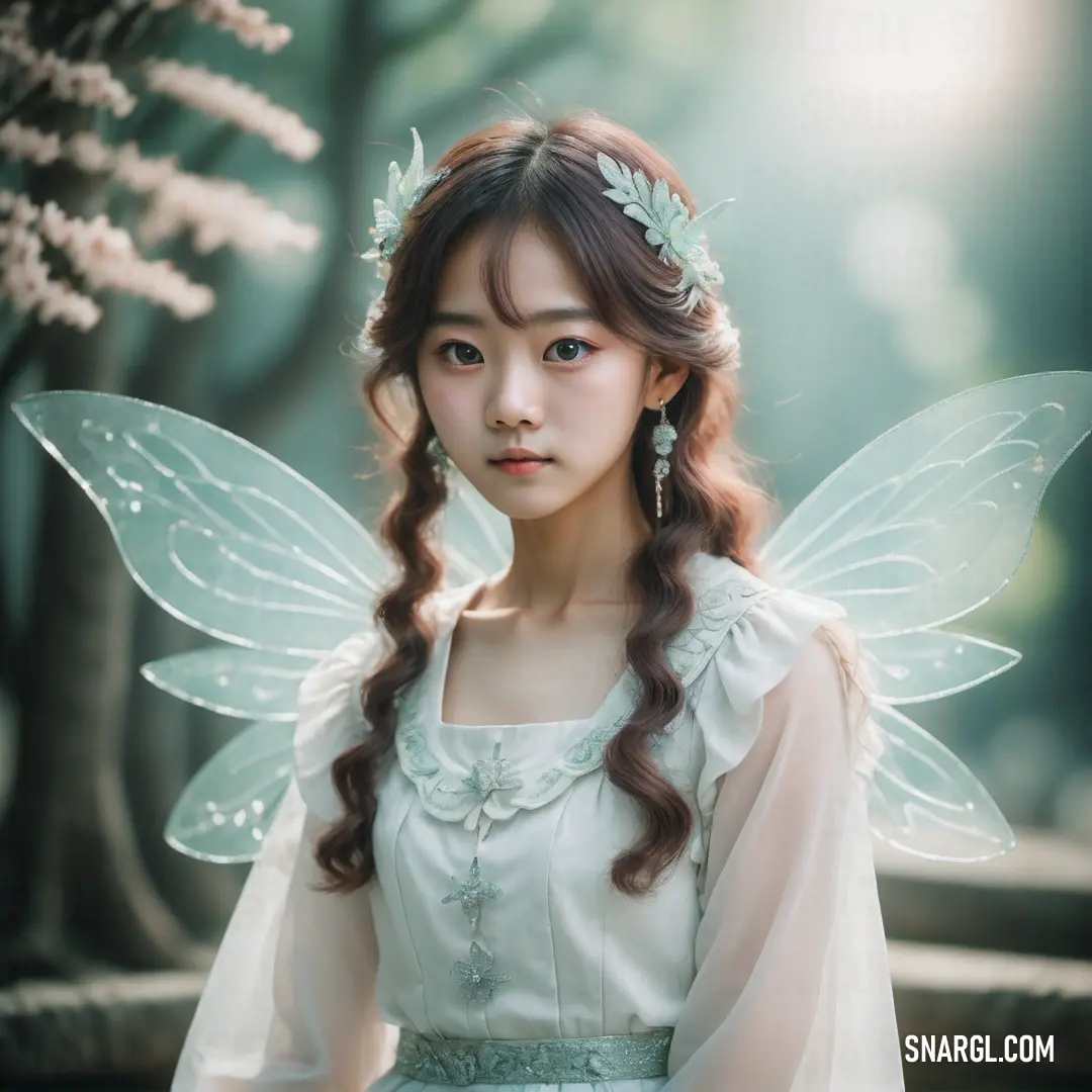 Young girl dressed in a fairy costume with a butterfly wings on her head and a white dress with a green belt