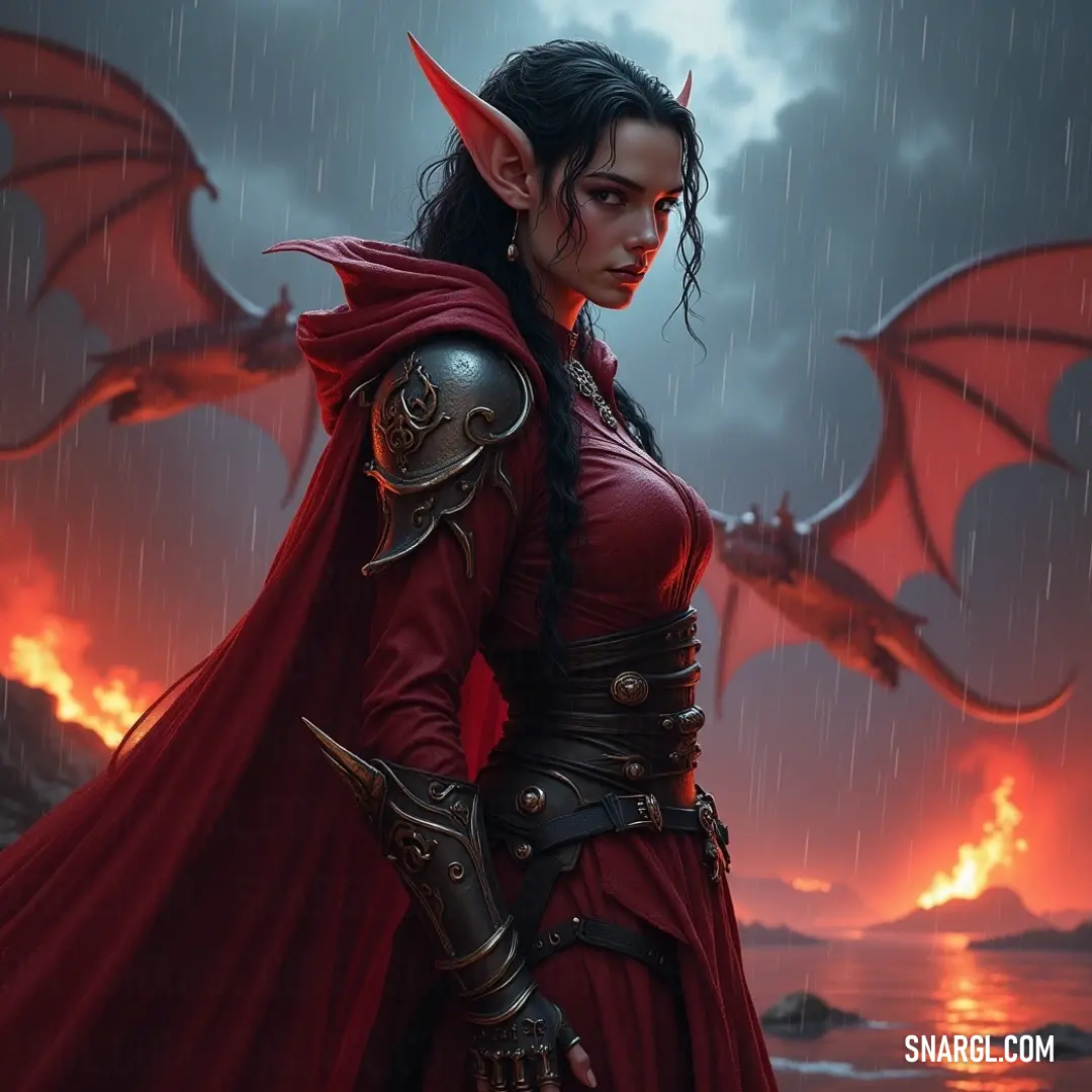 A bold figure in a red dress and cape, with a red dragon behind her, set against a dark and mysterious backdrop. A dramatic scene featuring a figure in a flowing red dress and cape, standing powerfully with a red dragon looming behind her. The dark, mysterious background amplifies the intense energy of the moment.