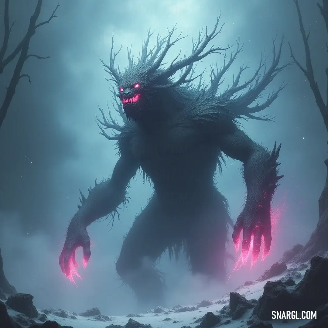 A formidable Sylvan Elder with radiant glowing eyes, including a fierce red glare, stands boldly in a dense forest, surrounded by towering ancient trees and rugged rocks that tell tales of time and nature.