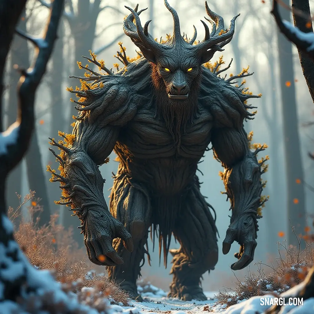 Majestic Sylvan King adorned with horns, walking gracefully through a snow-covered forest where winter's magic thrives. A striking Sylvan King, crowned with majestic horns, traverses a wintery forest where snow blankets the ground, embodying the ancient magic of winter as he navigates through the serene landscape of snow-covered trees.