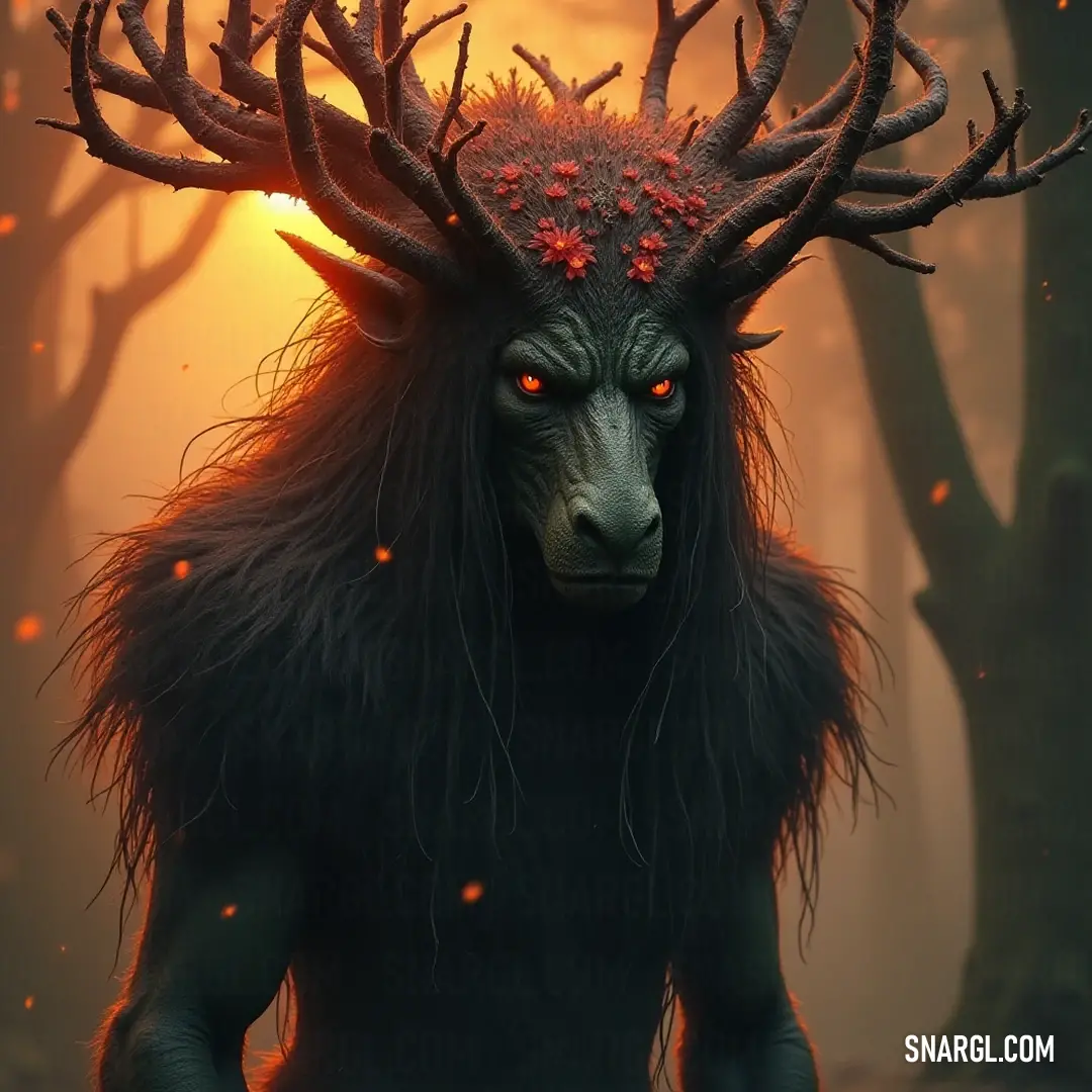 The Sylvan Lord stands regally, framed by a dramatic red light that emphasizes its majestic horns, embodying authority over the magical creatures of the forest.
