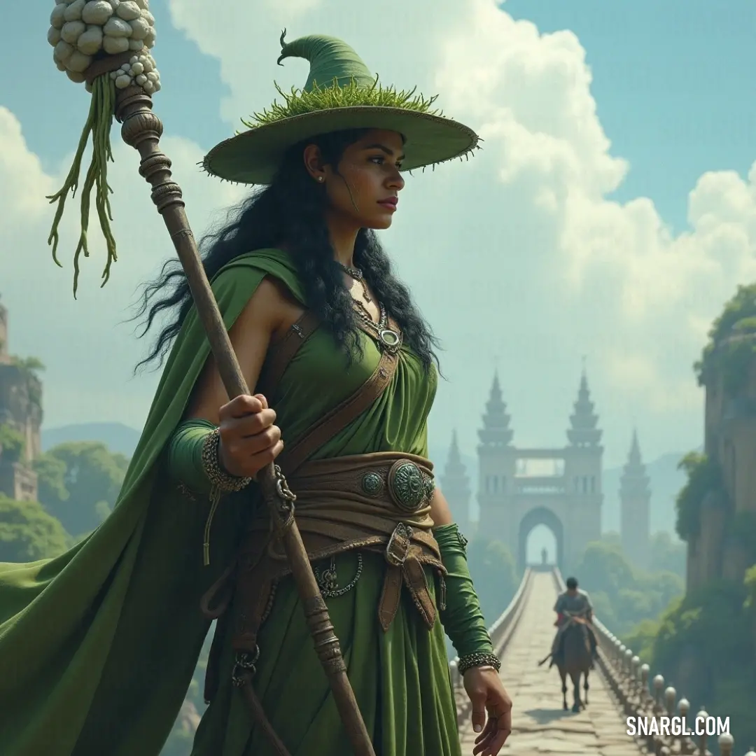 Sylvan Mystic Defending the Castle Bridge In front of an ancient castle bridge, a Sylvan Mystic clad in a green dress and a whimsical hat stands firm, a stick and staff in hand, embodying the harmony between nature and the magical world she protects.