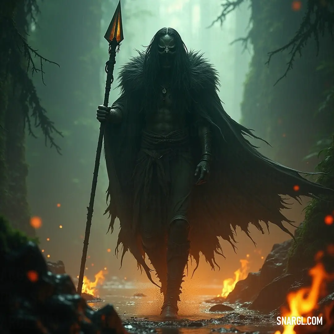 Enigmatic Sylvan Priest Amidst a Fiery Forest A mysterious Sylvan Priest stands majestically in a lush forest, flames dancing around him as he grips a torch in one hand and a staff in the other, illuminating the enchanted surroundings with his powerful presence.