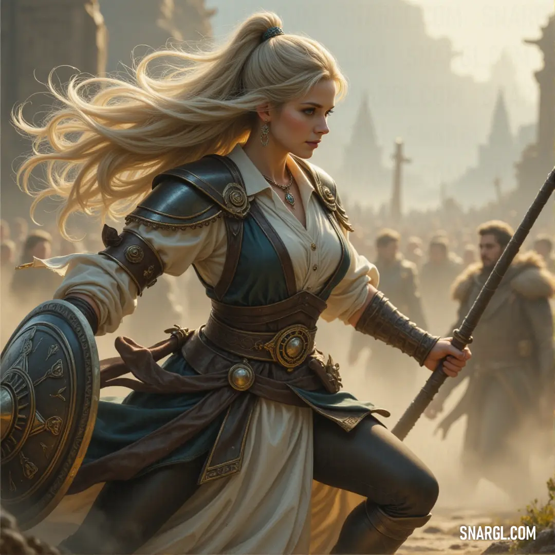 Sylvia, in a white gown, stands firm in the desert with a sword and shield, leading a crowd in the scorching heat, symbolizing strength and leadership. Sylvia, dressed in an elegant white gown, stands tall in the midst of a desert. With a sword in one hand and a shield in the other, she faces a crowd of people in the vast, sandy expanse, radiating strength and leadership.