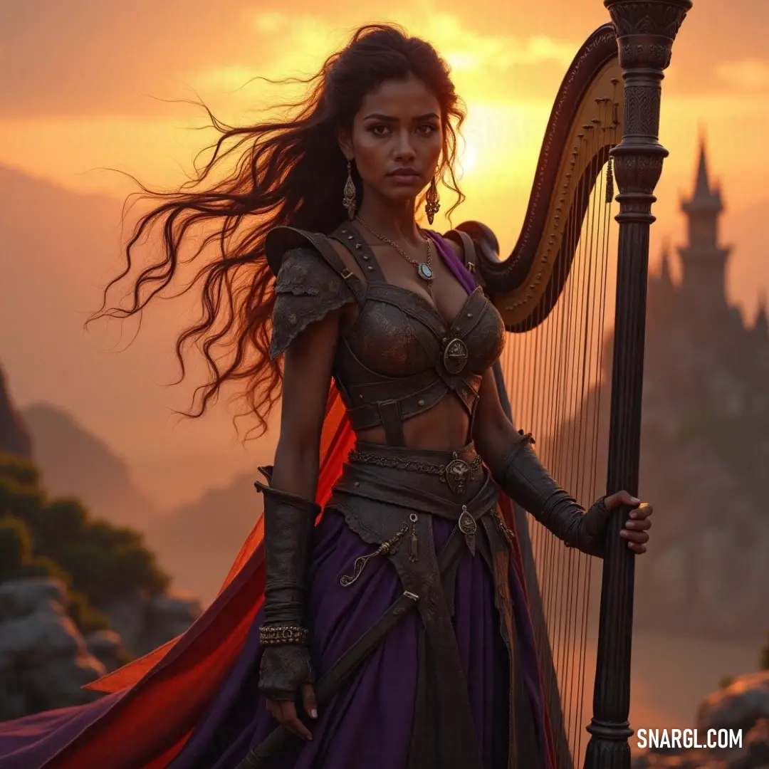 An enchanting muse in a flowing purple gown holds a harp as the sun sets, casting a golden hue over a fairy-tale castle nestled against a backdrop of vibrant colors and serene beauty. Bathed in the warm glow of a sunset, a lyrical spirit in a stunning purple dress cradles a harp, surrounded by the silhouettes of a majestic castle. The scene is a harmonious blend of melody and enchanting light, evoking a sense of tranquility.