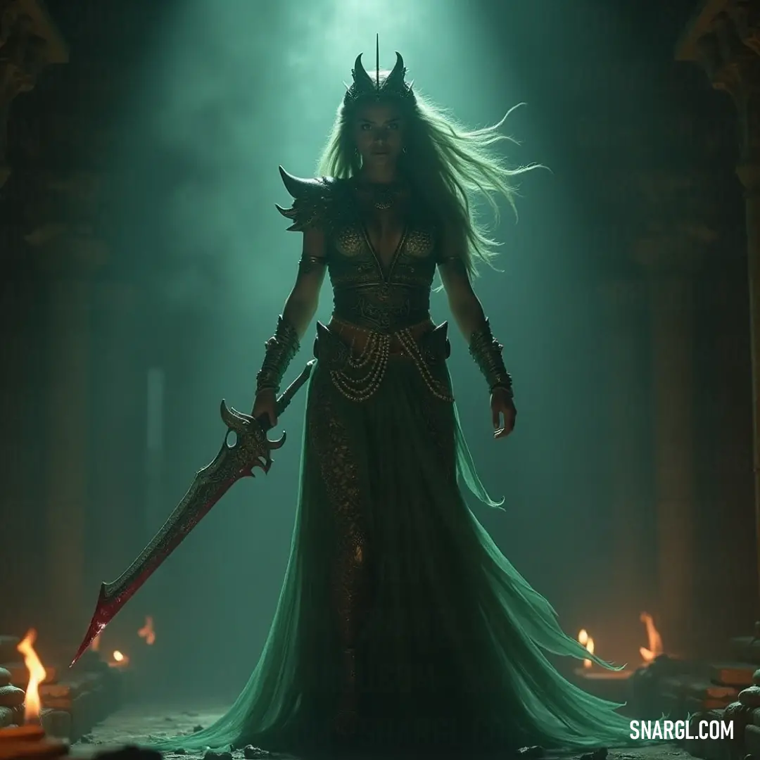 A fierce warrior dressed in an elegant green gown holds a glimmering sword, her determined expression accentuated by the shadowy ambiance of a dimly lit room. A beam of light catches her face, emphasizing her readiness for any challenge that lies ahead.