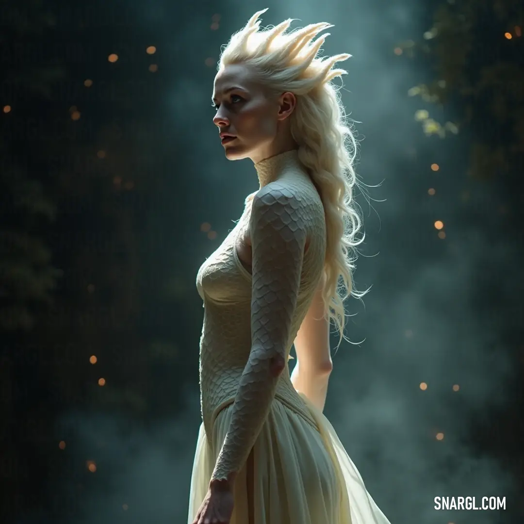Syrena: A Vision of Light Amidst Nature's Celebration Syrena shines in the woods, her flowing white dress glimmering amid the bursting colors of fireworks illuminating the night sky, merging magical beauty with the enchanting surroundings of nature's embrace.