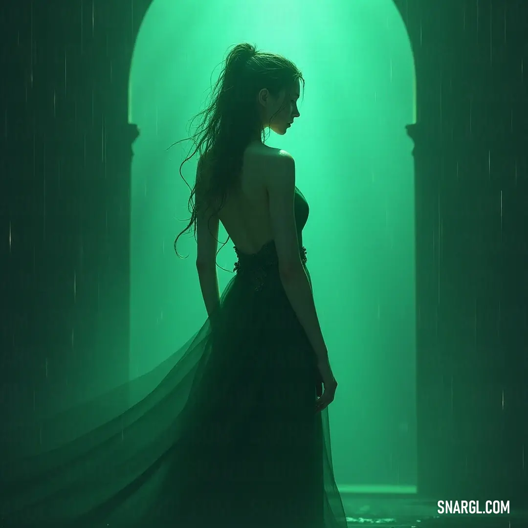 A mysterious Syrena in a black dress stands in a shadowy room aglow with green light, emanating an aura of intrigue and enigma. In a dimly lit room radiating an eerie green glow, the enchanting Syrena clad in a black dress stands confidently, exuding a sense of mystery and power that captivates the viewer's imagination.