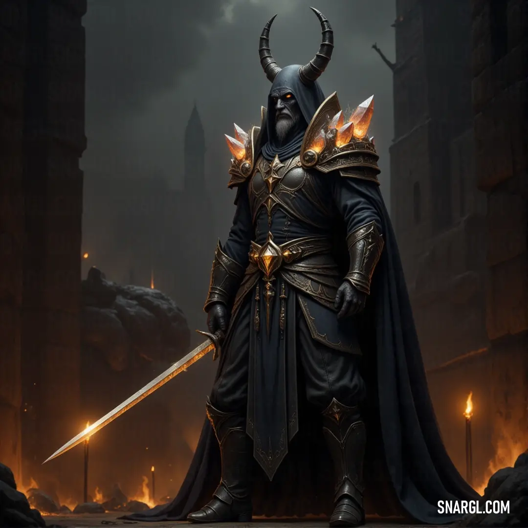 A dark figure in a black outfit, wielding a sword, stands in a mysterious, dimly lit environment, his horns barely visible above his cloak. A dark and brooding warrior clad in black armor, his eyes hidden beneath a hood, holds a sword with a firm grip. The atmosphere is heavy, with shadows engulfing his surroundings as he stands in the midst of an eerie, dimly lit space.