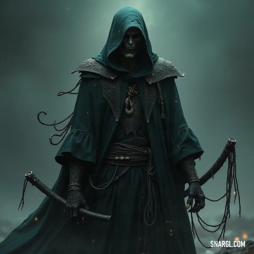 The Tainted One, cloaked in mystery, brandishing a sword and an eerie skull ring. In a spectral display, the Tainted One, draped in an intricate green cloak, brandishes a sword while wearing a striking skull ring, evoking the spirit of adventure and danger lurking beneath the surface.