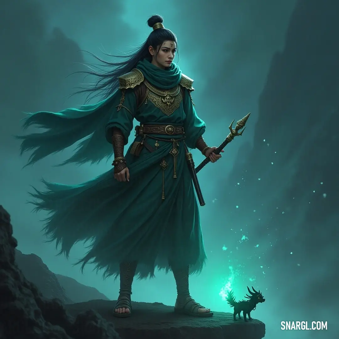 Takamimusubi in a vibrant green dress, wielding a spear with strength amid a lush natural landscape. Takamimusubi, dressed in a lush green outfit, elegantly grasps a spear with determination, embodying strength and grace against a backdrop of verdant nature that highlights her fierce spirit.