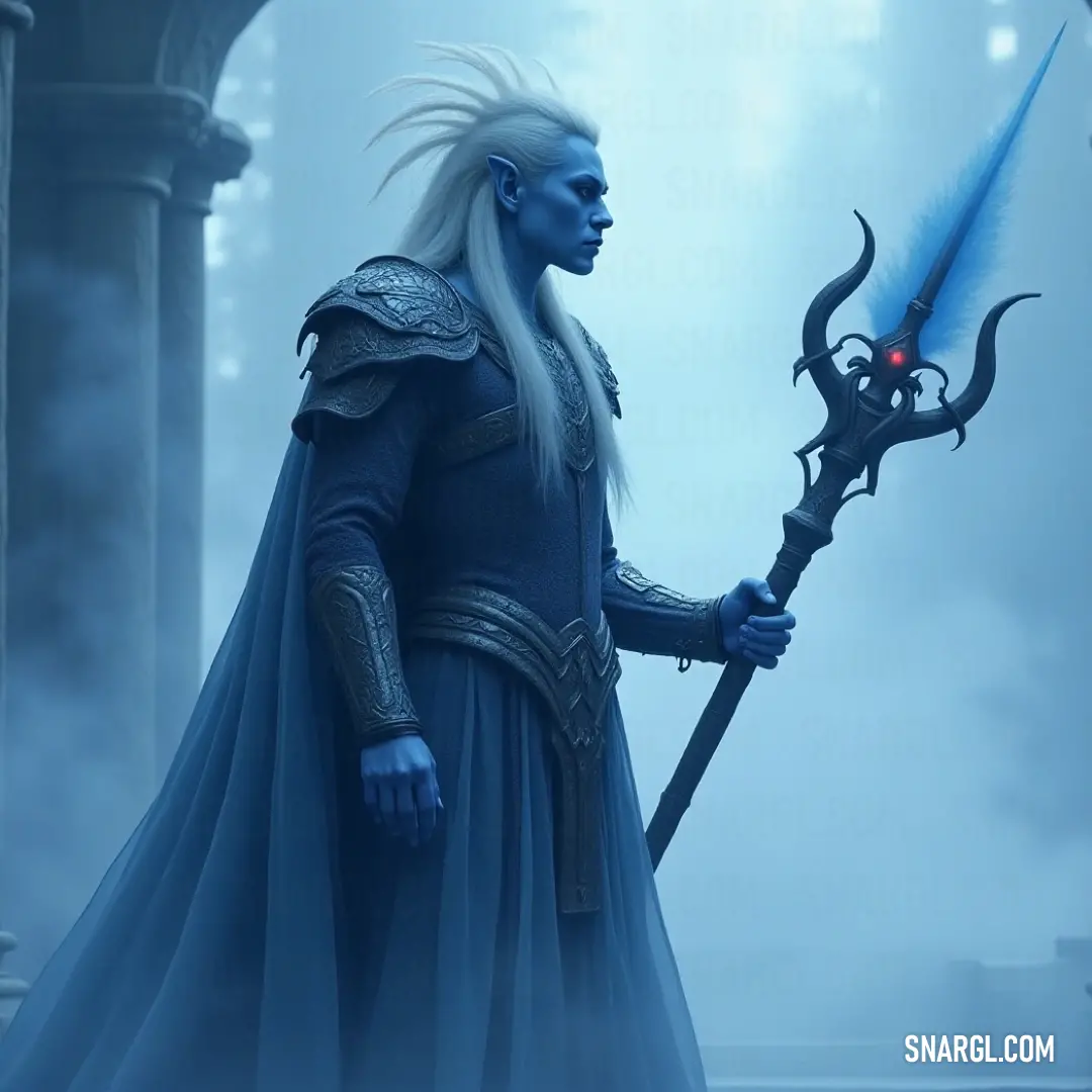 A striking figure in blue attire brandishing a sword, surrounded by a captivating mist that enhances the sense of adventure in a mystical setting. A mystical character clad in shimmering blue garments, wielding a gleaming sword, stands enveloped in swirling fog, evoking an aura of mystery and anticipation in an ethereal landscape.
