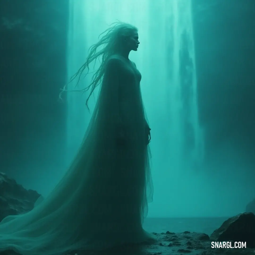 A radiant figure in a flowing white dress stands majestically in front of a cascading waterfall, where shimmering water droplets catch the light, creating a scene that embodies serenity and the beauty of nature.