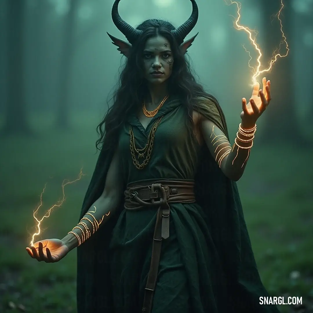 Amidst a verdant woodland, Taliah the Forsaken stands resplendent in her green gown, gently cradling a luminescent orb that casts enchanting reflections on her horned features. Dressed in an elegant green gown, Taliah the Forsaken holds a glowing orb, her horned visage radiating mystique amid a lush forest, where the interplay of lights and shadows creates a mesmerizing spectacle.