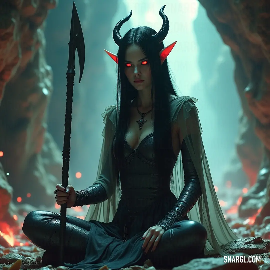 This powerful figure kneels on the ground, gripping a sword and a staff with fierce determination, her haunting red eyes gleam with intensity as she prepares to defend against any dark forces that approach. This powerful figure kneels on the ground, gripping a sword and a staff with fierce determination, her haunting red eyes gleam with intensity as she prepares to defend against any dark forces that approach.