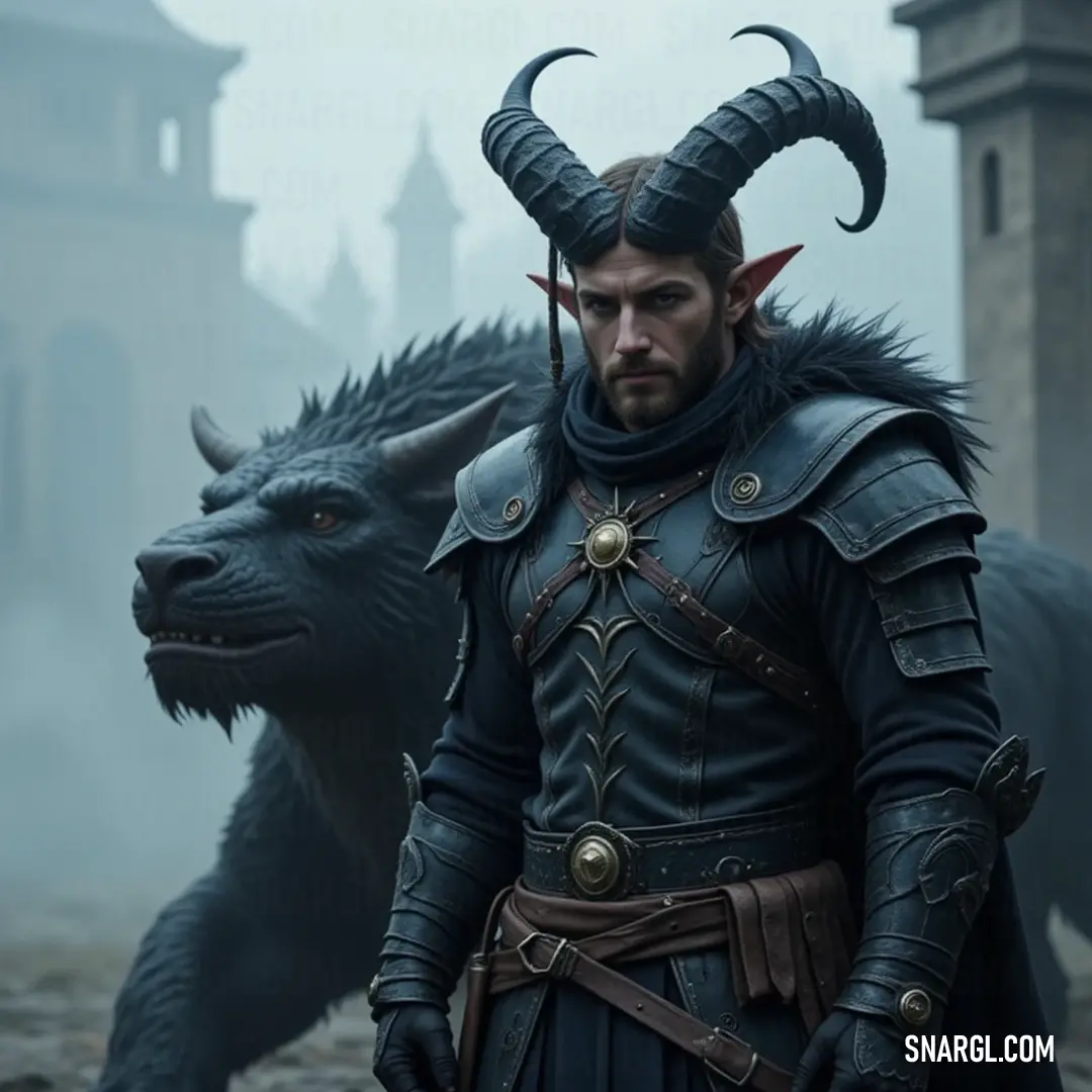 In an eerie, fog-drenched realm, a horned figure stands sentinel next to a dark beast, as an ancient castle looms ominously in the background. A mysterious horned figure stands alongside a shadowy black creature in a fog-laden landscape, with a looming castle piercing the mist, merging elements of dark fantasy and adventure in an ethereal setting that invites intrigue.