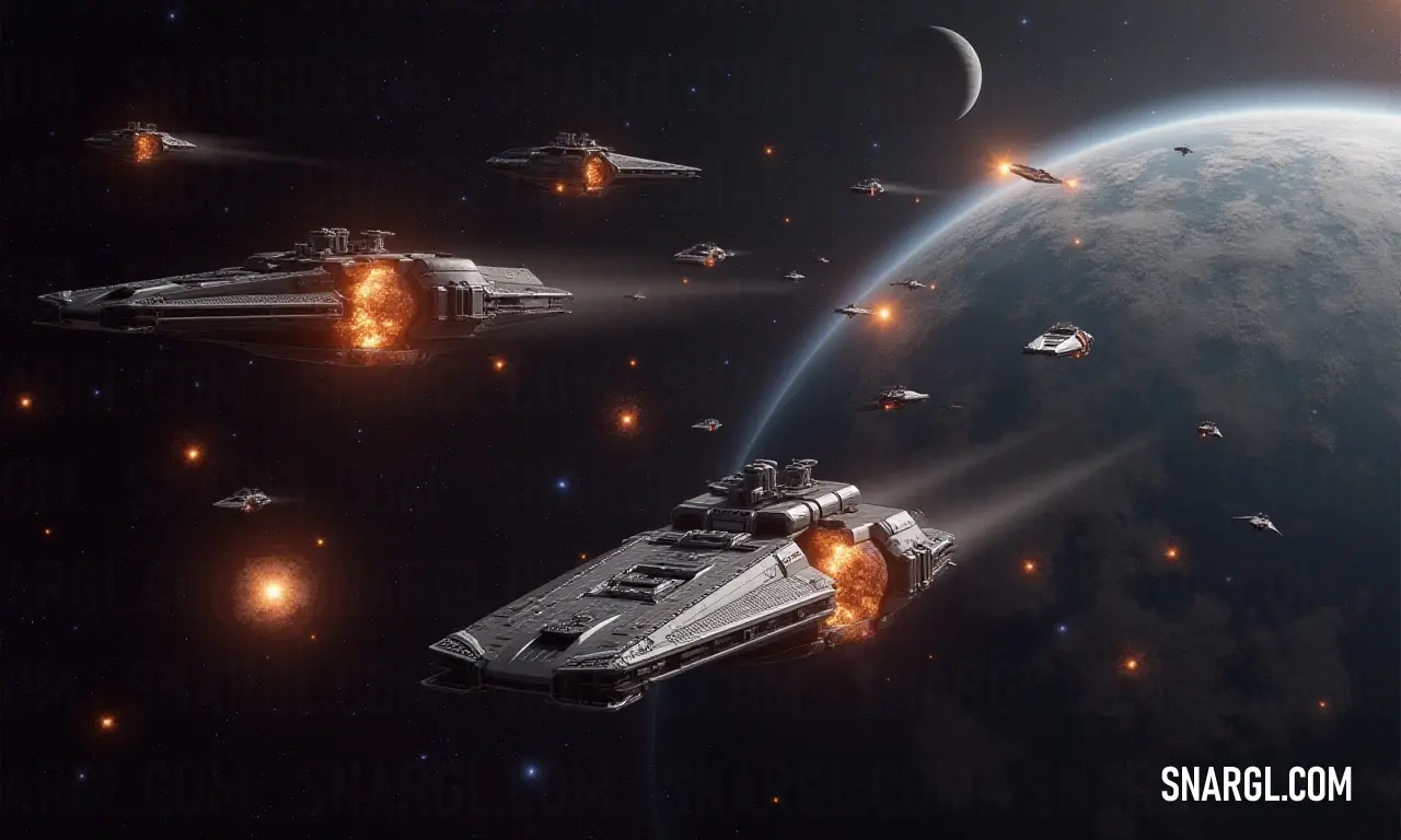 A spectacular view of ships soaring gracefully through the vastness of space, with a vibrant planet lending its majestic presence against the stunning backdrop of the universe. A fleet of starships glides through the cosmos, navigating the deep expanse of space with a captivating planet glowing in the distance, showcasing the wonders of interstellar travel.