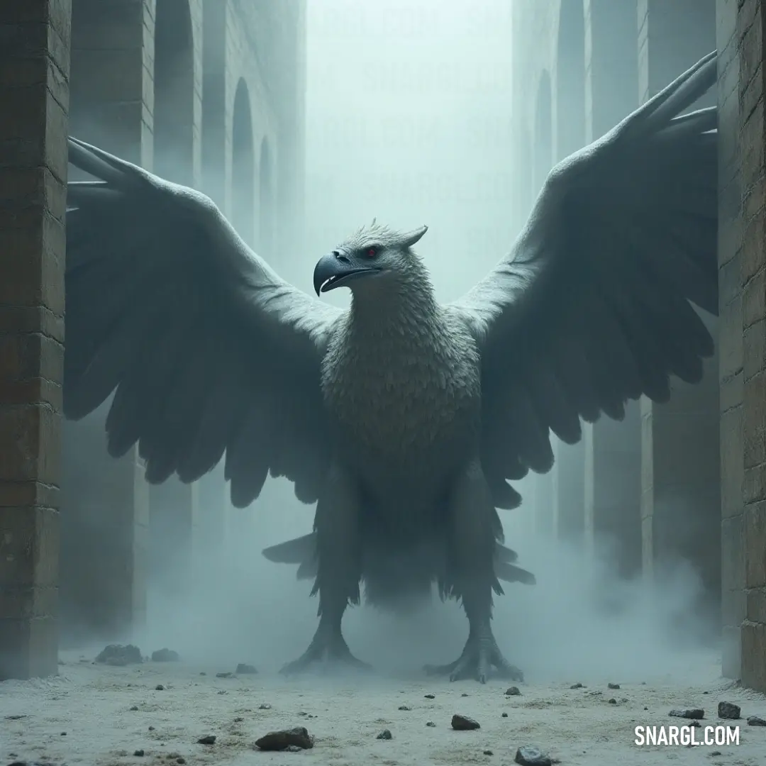 In a mysterious fog-laden landscape, a Talonstrike spreads its wings wide, showcasing its vibrant plumage amidst the atmospheric stone pillars and ancient brick walls, creating a mesmerizing backdrop of enchantment.