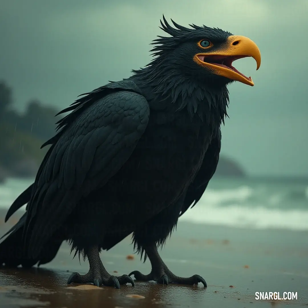 A captivating black talonwing with a bold yellow beak rests on a windswept beach, offering a stunning contrast against the tumultuous ocean and the dynamic sky, embodying the spirit of untamed nature. A striking black talonwing with a bright yellow beak stands poised on a rugged beach, framed by a dramatic ocean view and a moody sky, creating an intense tableau that highlights the beauty of wild creatures against nature's spectacle.