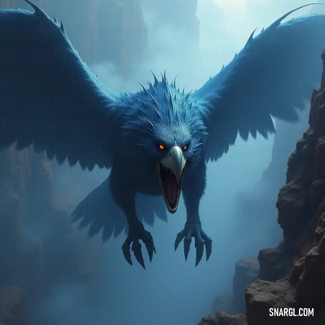 An awe-inspiring Blue Talonwing with its wings spread wide and mouth open, proudly displayed in front of a stunning mountainous landscape. A vibrant Blue Talonwing with its mouth agape and wings unfurled, set against a breathtaking mountain backdrop that emphasizes its extraordinary presence in nature.