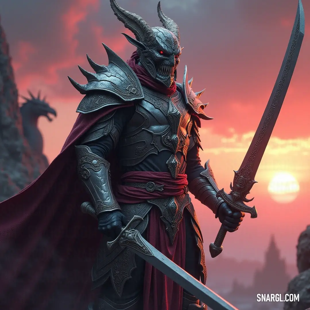 A warrior in costume, sword in hand, stands boldly against a dramatic sunset sky, radiating strength and heroism. A powerful figure clad in a detailed costume, holding a sword as they stand against the backdrop of a setting sun. The silhouette of the character contrasts with the orange and pink sky, evoking a sense of adventure and mystery.