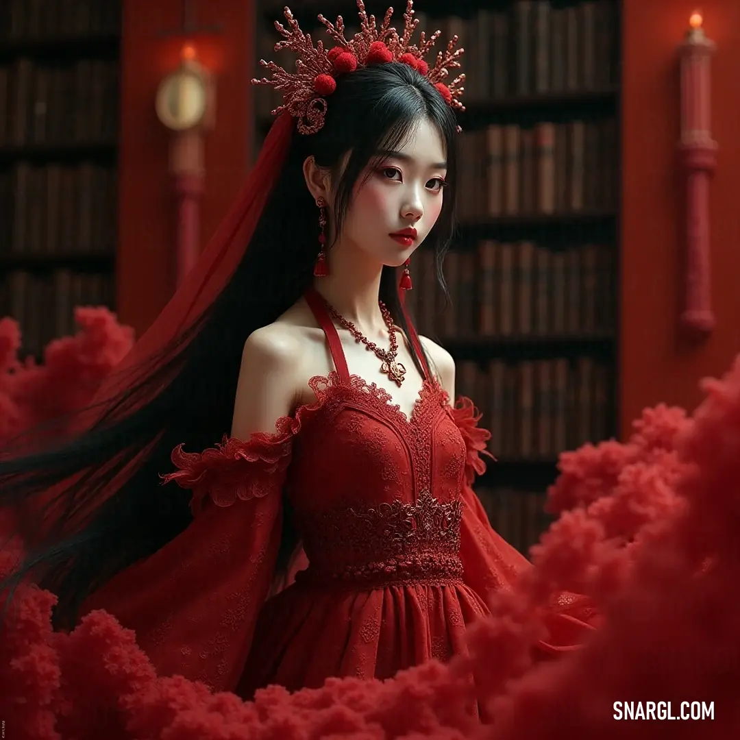 A regal figure in a beautiful red dress, crowned and exuding grace and authority. A regal figure adorned in a stunning red dress and crowned elegantly, her presence radiates authority and grace against a dimly lit backdrop, embodying a sense of nobility and charm.