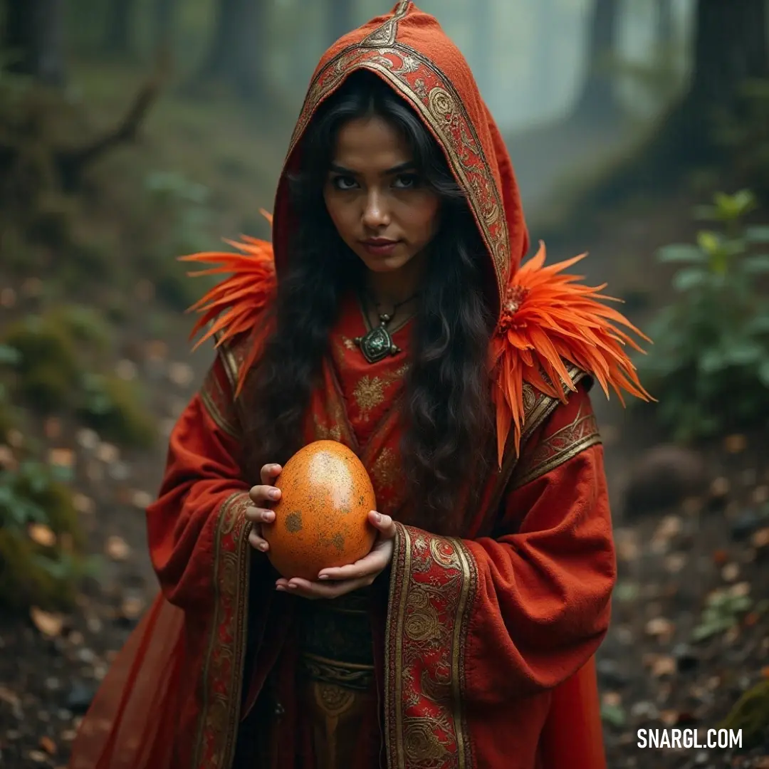 A mysterious character adorned in vibrant red and gold, grasping a mystical ball while surrounded by verdant forest foliage. An enchanting figure dressed in a stunning red and gold ensemble holds a shimmering orb amidst a lush forest, where towering trees cradle the serene beauty of nature, evoking a sense of mystery and magic.