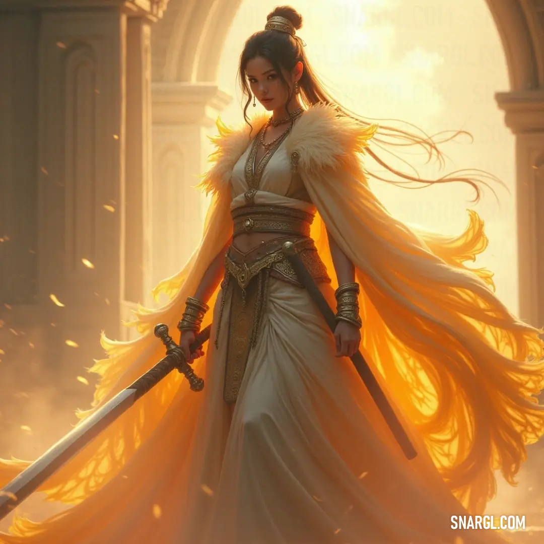 A graceful warrior in a flowing dress and yellow cape, holding a sword with poise, exemplifies the fierce elegance of a formidable presence against a gentle backdrop. An enchanting warrior, adorned in a white gown with a flowing yellow cape, brandishes a sword, embodying elegance and strength in a radiant pose that captivates the heart of the beholder.