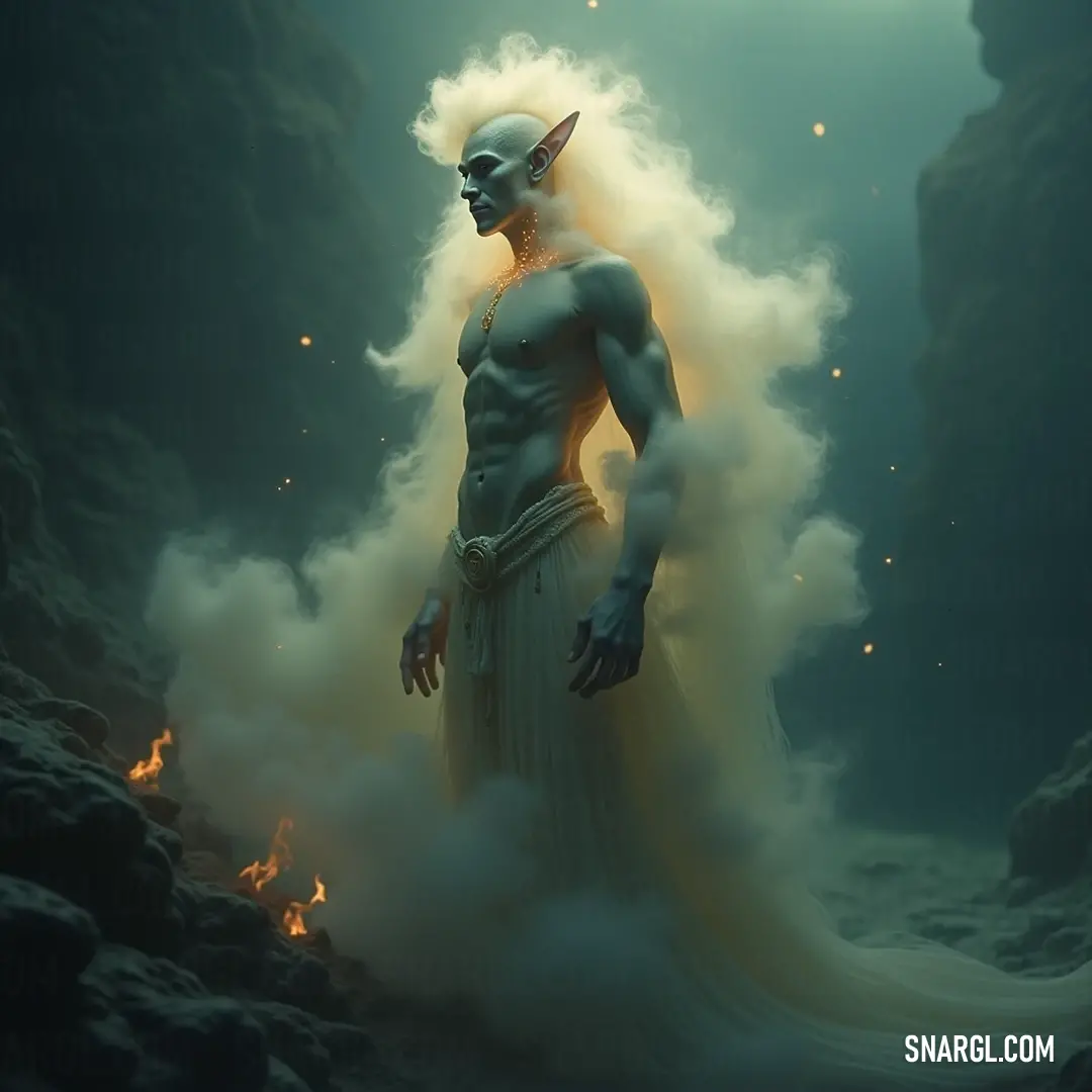 Tamir, the horned apparition, rises from a realm of smoke and fire, a stunning embodiment of light and darkness entwined in a captivating display of surreal beauty. The ethereal figure of Tamir, with a striking horned head and shimmering white body, emerges from a cave enveloped in swirling smoke and flickering flames, embodying the juxtaposition of beauty and chaos in this vivid imagery.